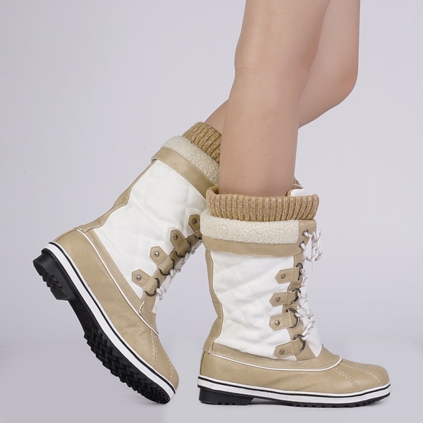 Lace Up Winter Fur Snow Boots - BEIGE WHITE - 1